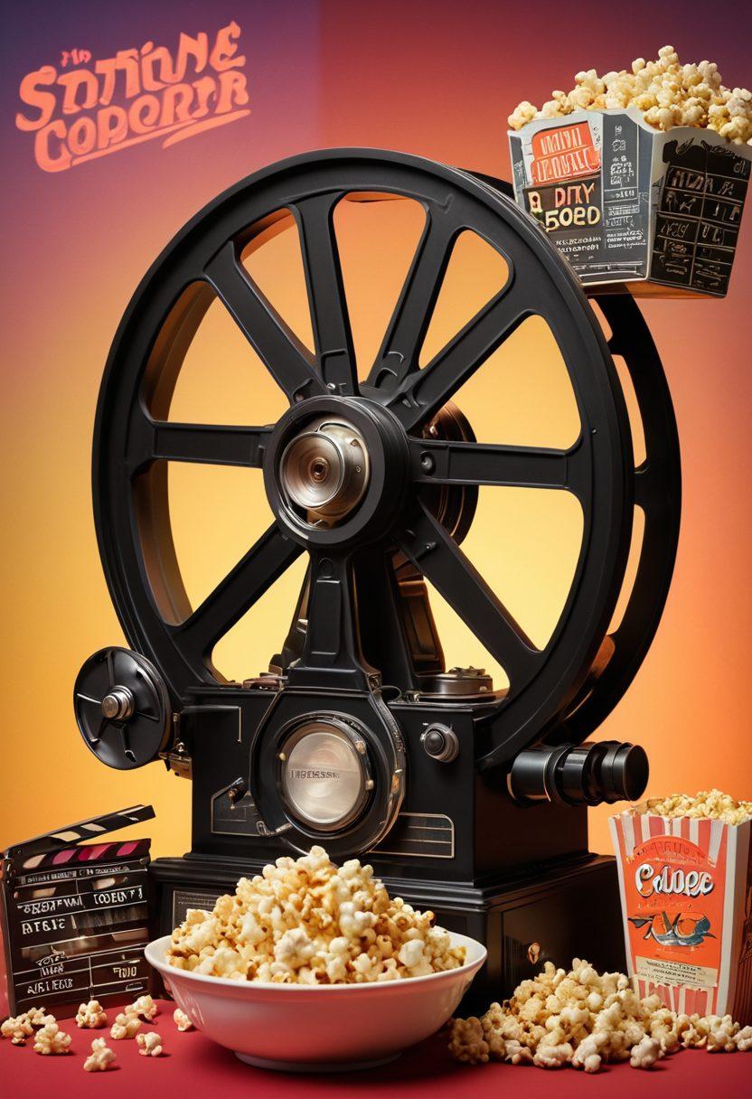 A cinematic collage showcasing a vintage film projector casting light over a vibrant film reel, surrounded by classic movie posters on one side and independent film titles on the other. Include elements like popcorn and a clapperboard to evoke a movie night atmosphere. The background features a gradient of film elements, symbolizing the journey from classic to independent films. super-realistic. vintage style. vibrant colors.