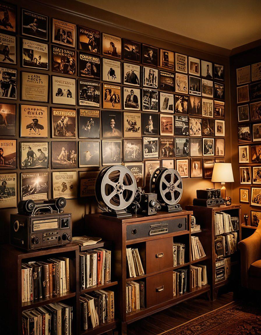 A vintage film reel surrounded by old film posters and archival materials, showcasing iconic scenes from classic movies. A warm, nostalgic color palette evokes a sense of history, while a dimly lit room with shelves of film canisters adds depth. Include film projectors softly glowing in the background. super-realistic. warm colors. nostalgic atmosphere.