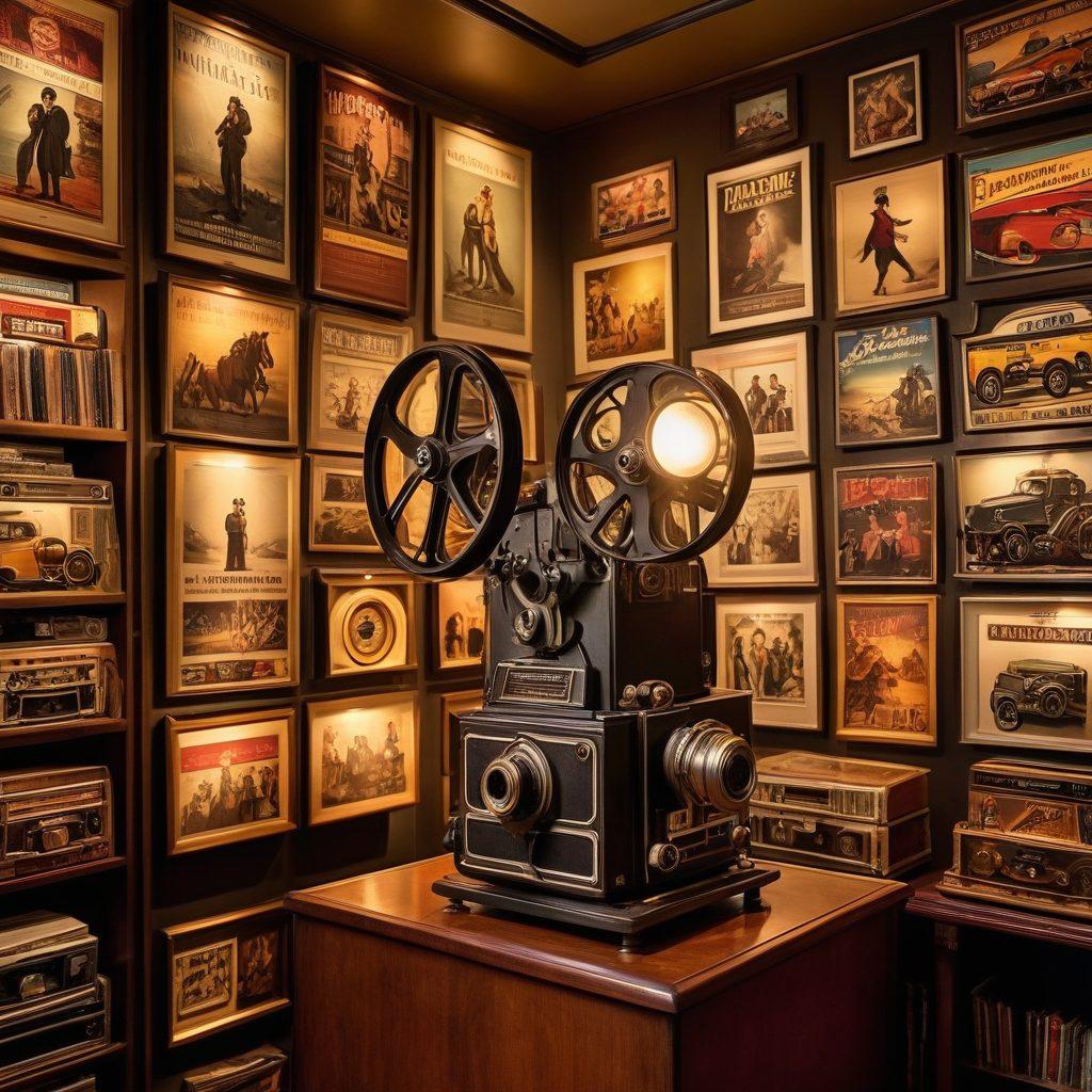 A mesmerizing film archive filled with vintage film reels, rich history, and iconic movie posters hanging on the walls. A dimly lit room showcases an antique projector casting a golden beam of light onto a large screen displaying classic movie scenes. A curious visitor explores the treasures, with a backdrop of shelves overflowing with rare cinematic memorabilia. ethereal lighting. super-realistic. warm tones.